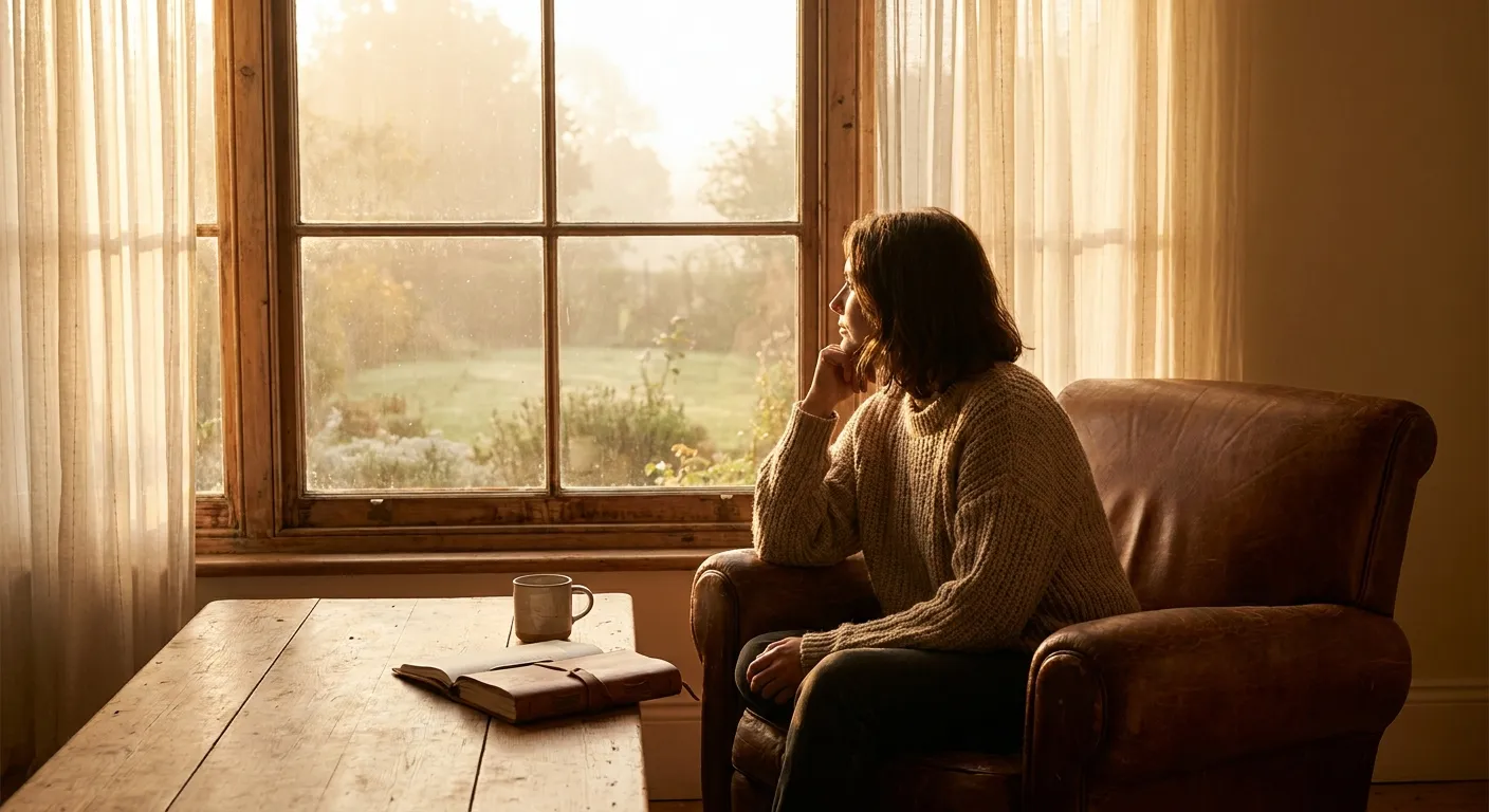 Person sitting alone by window in soft morning light, contemplative
