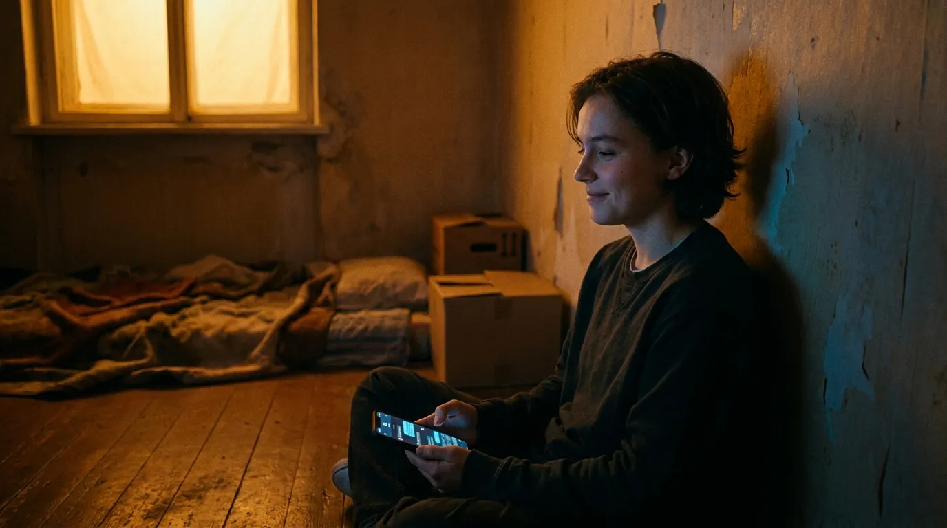 Person holding a phone with a chat screen glowing in a dimly lit room