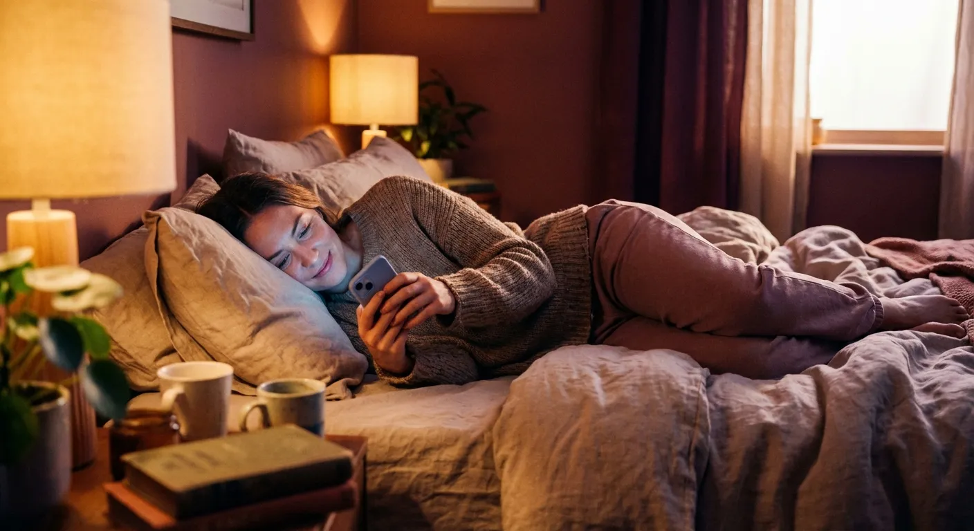Woman in bed looking at phone with gentle smile