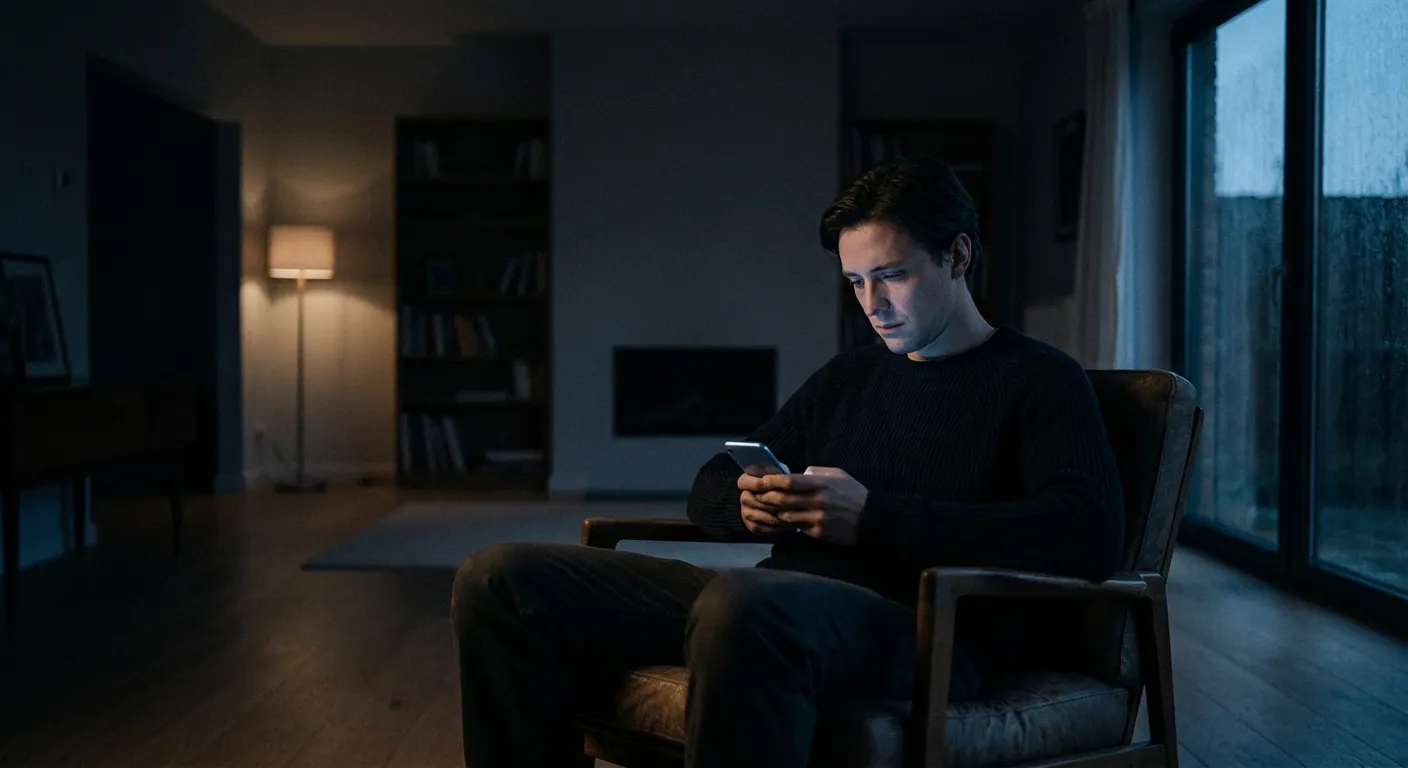 Person at night holding a glowing phone, soft blue light on their face