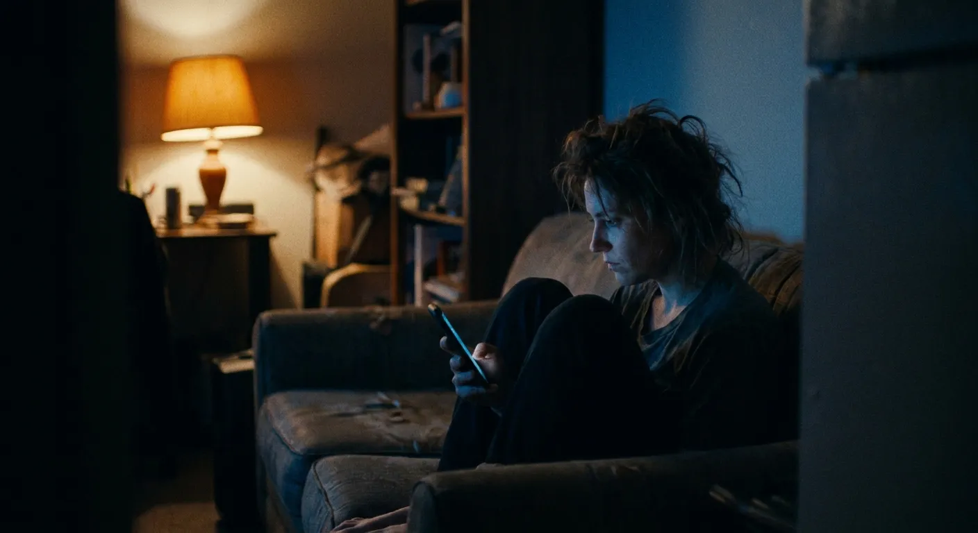 Person awake late at night, lamp light, phone glow, quiet apartment