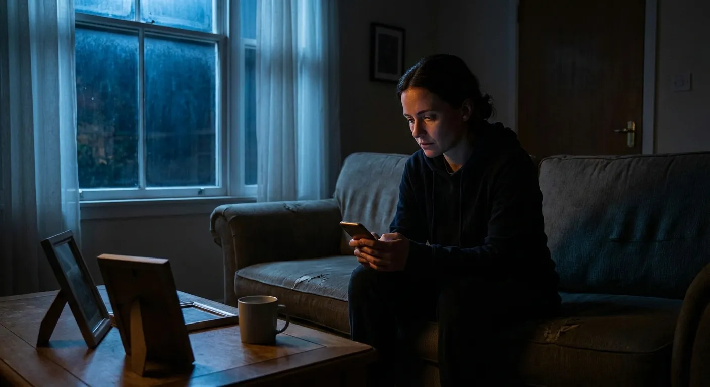 Person alone in a dark apartment at night, phone light in their hands, post-breakup solitude
