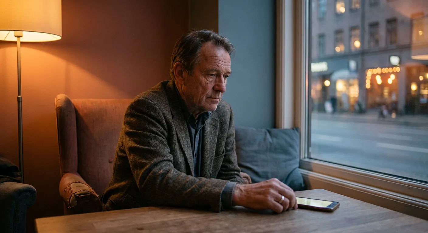 Older man sitting alone by the window at dusk
