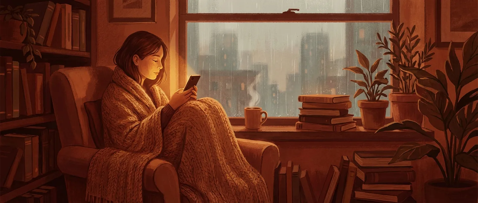 Person sitting with phone, light, calm atmosphere