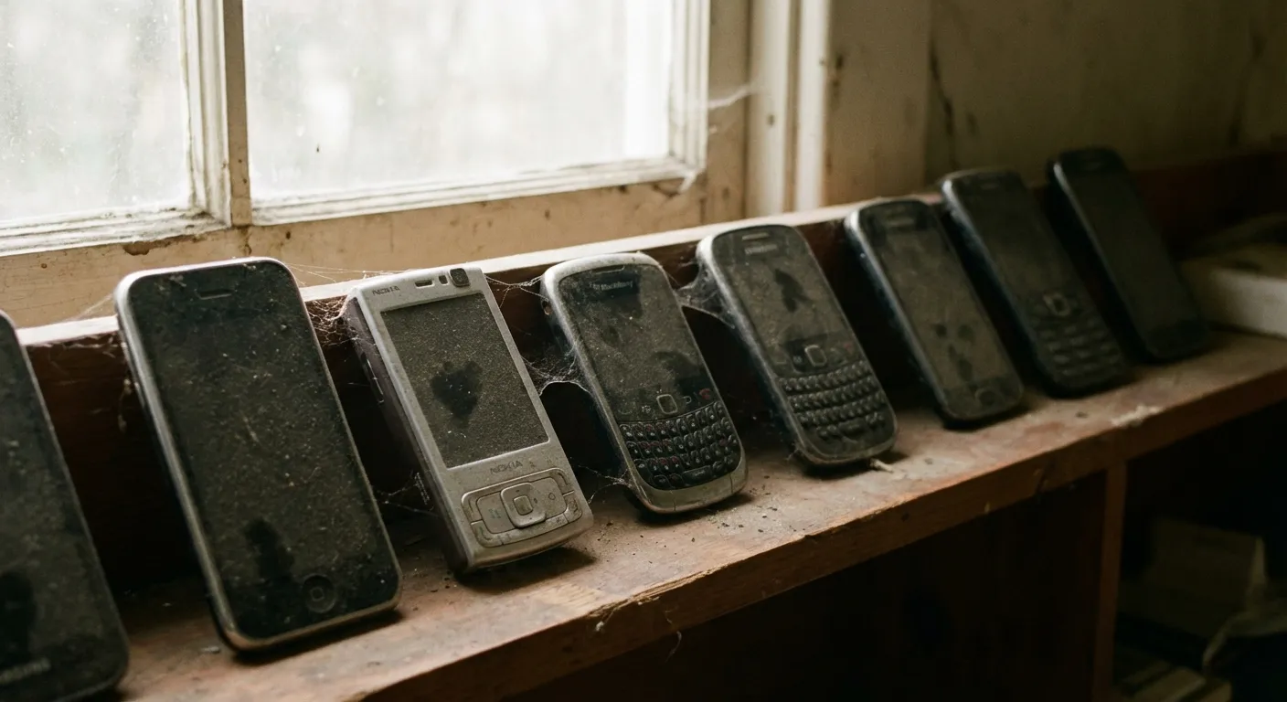 Row of dark phones gathering dust on a shelf