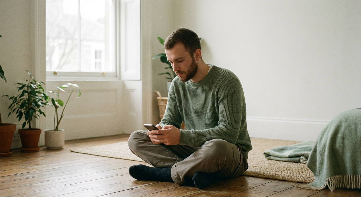 Young man sitting calmly with phone