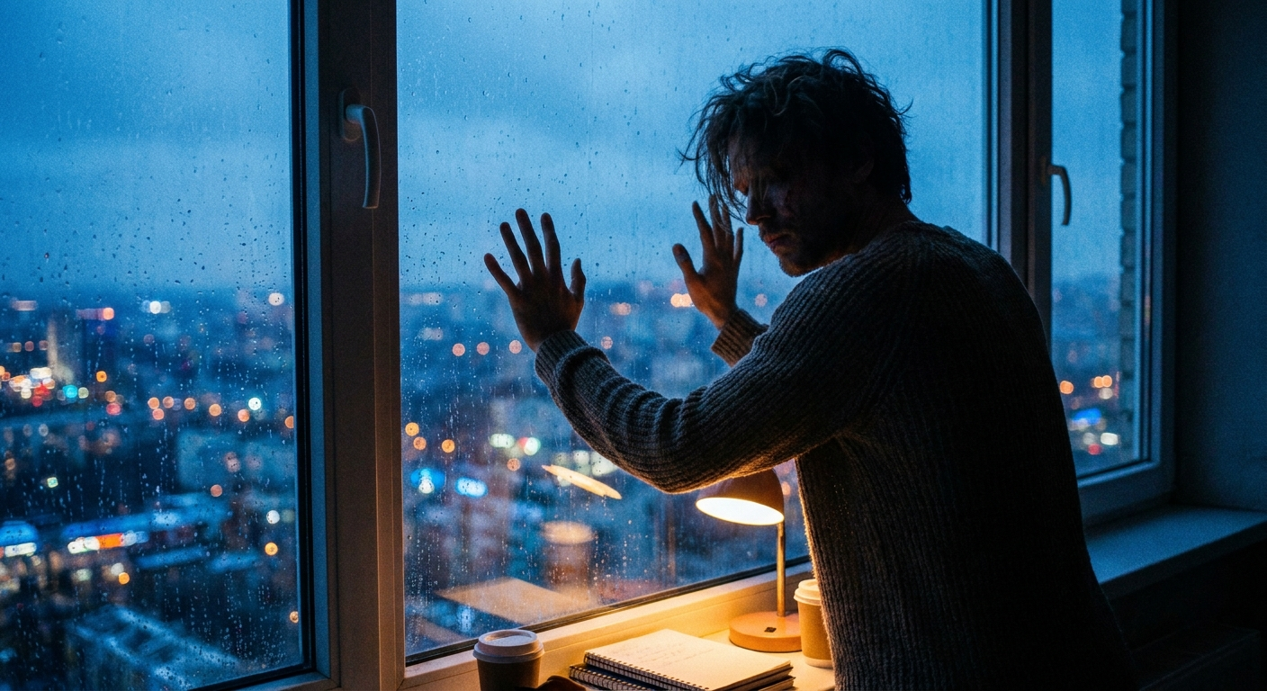 Person at a window at 3 AM, city lights, restless energy