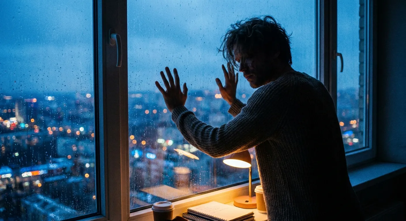 Person at a window at 3 AM, city lights, restless energy