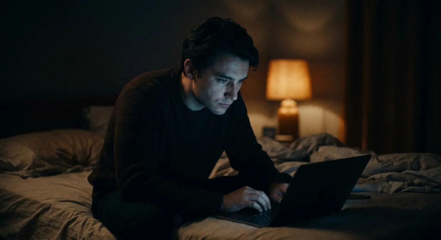 Person alone at night, soft screen glow, introspective, quiet room