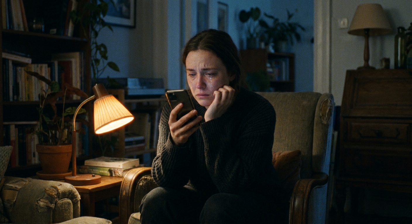 Person in a quiet room at night, soft lamp light, phone in hand
