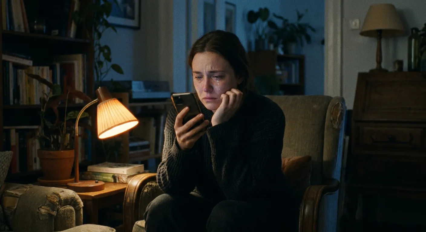 Person in a quiet room at night, soft lamp light, phone in hand