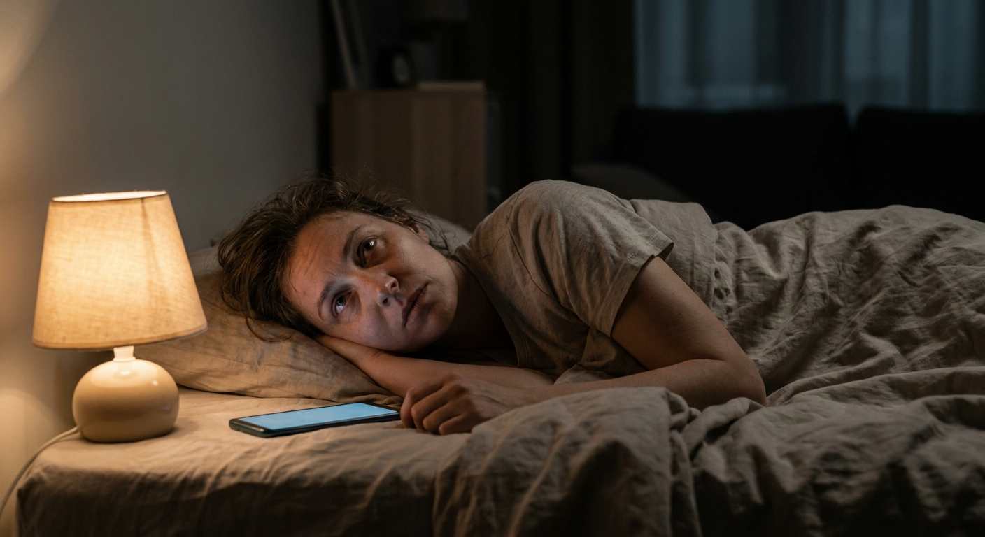 Person resting in dim light late at night, soft lamp glow, phone nearby