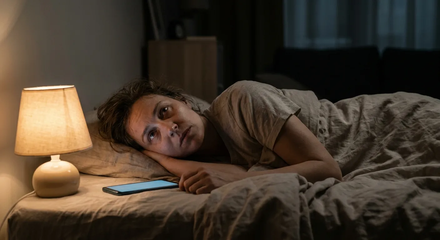 Person resting in dim light late at night, soft lamp glow, phone nearby