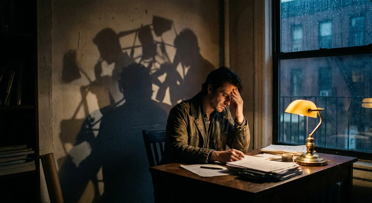 A person alone at a desk late at night, thoughts visible as overlapping shadows, the mind working through something distorted, warm amber light