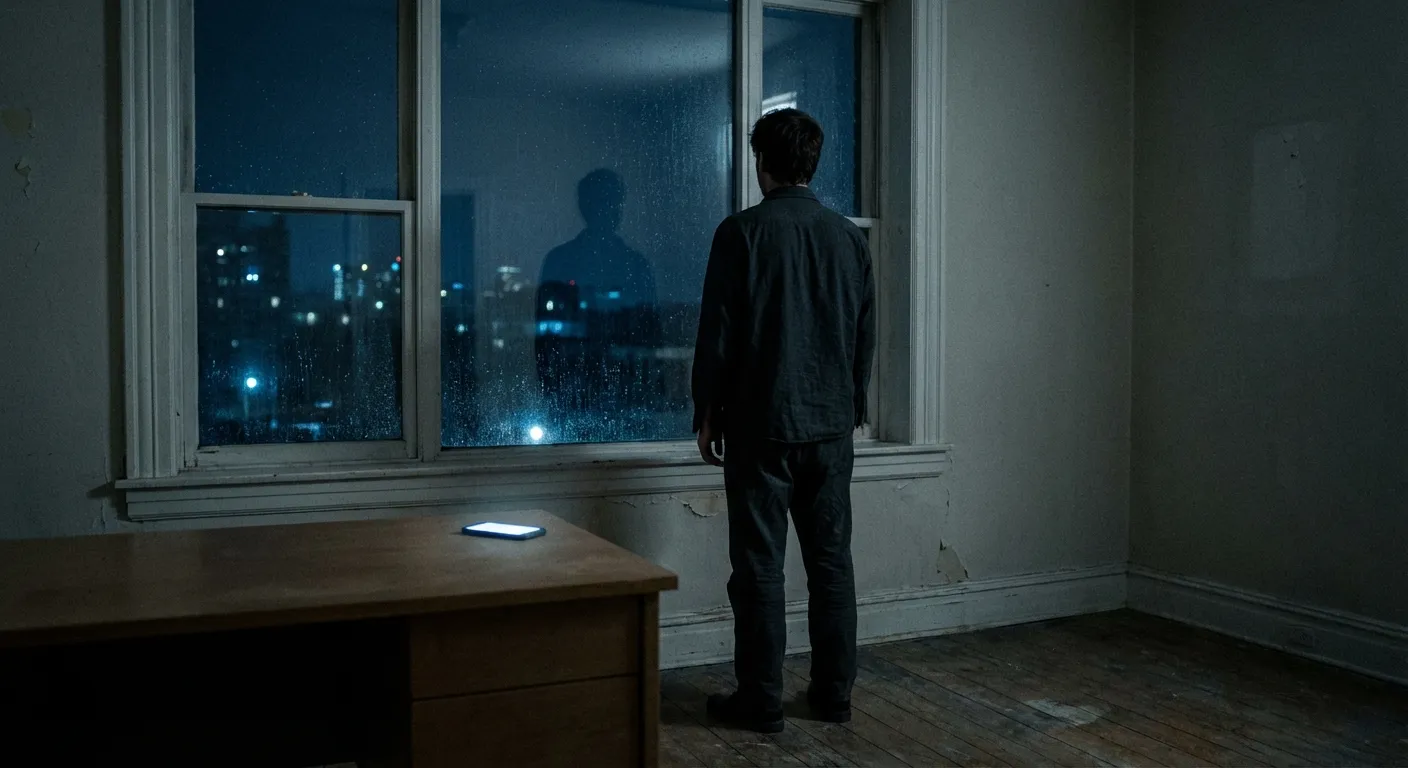 Person at window at night, quiet room, blue light