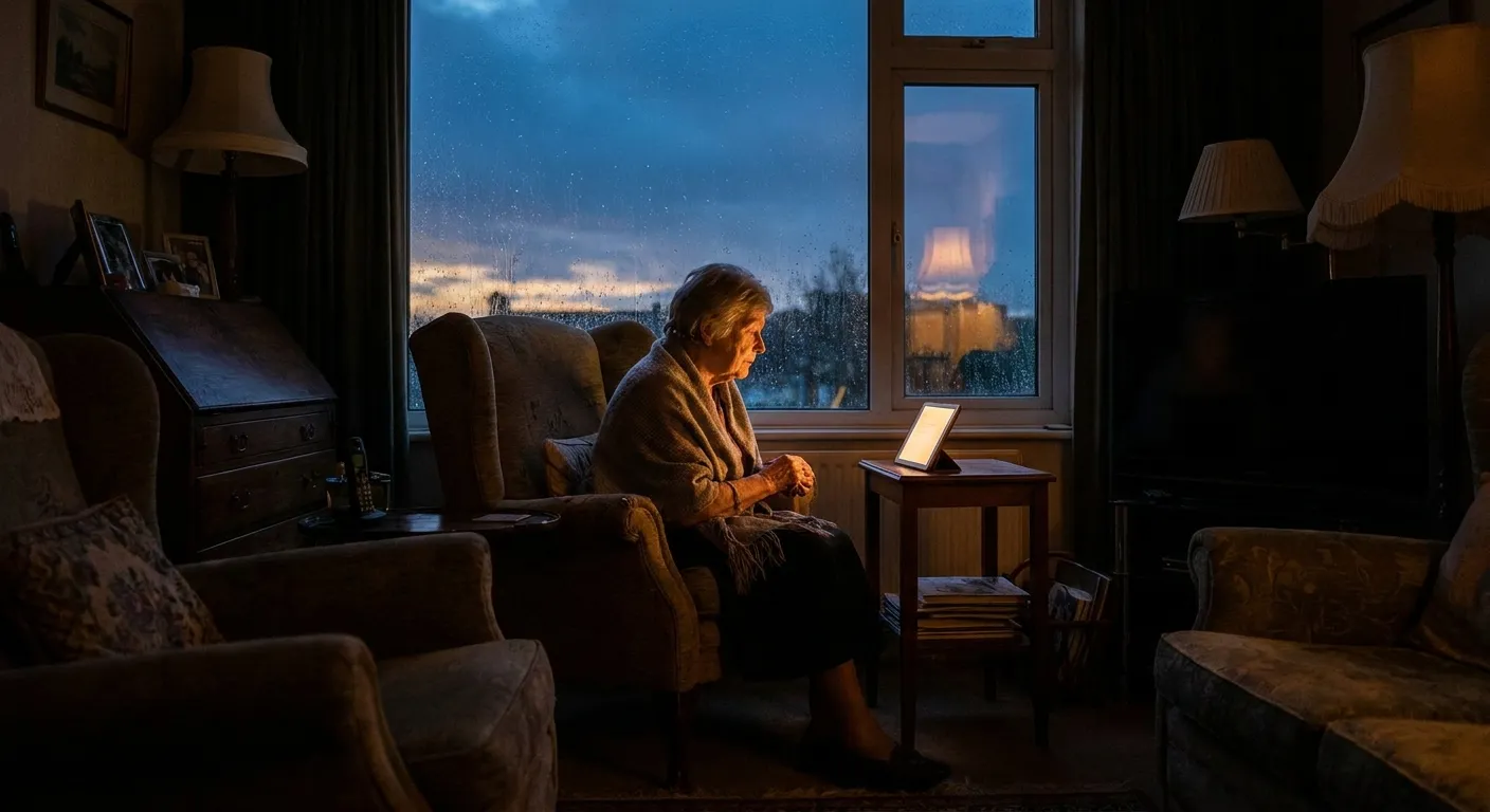Older person by a window, warm afternoon light, phone resting in hands