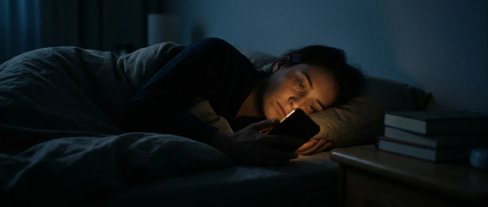 Person lying awake in a dark room at 3 AM, soft phone glow, expression of exhausted contemplation