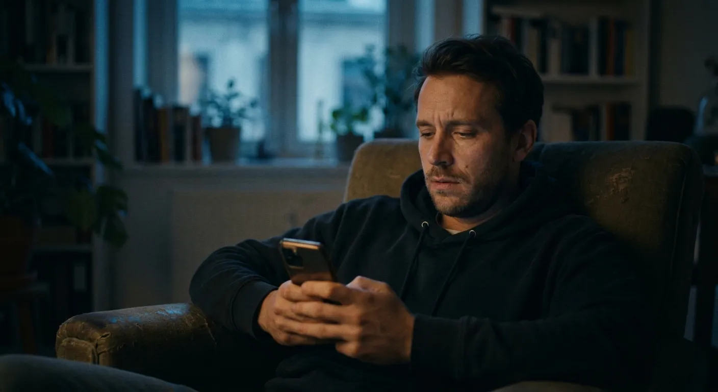 Man alone at night, phone light on his face, quiet apartment, contemplative