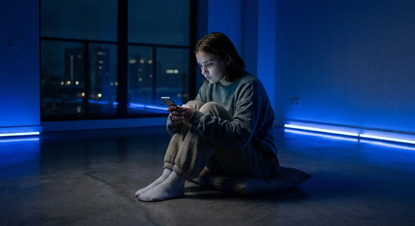 Young person alone in a blue-lit room looking at a phone screen, contemplative