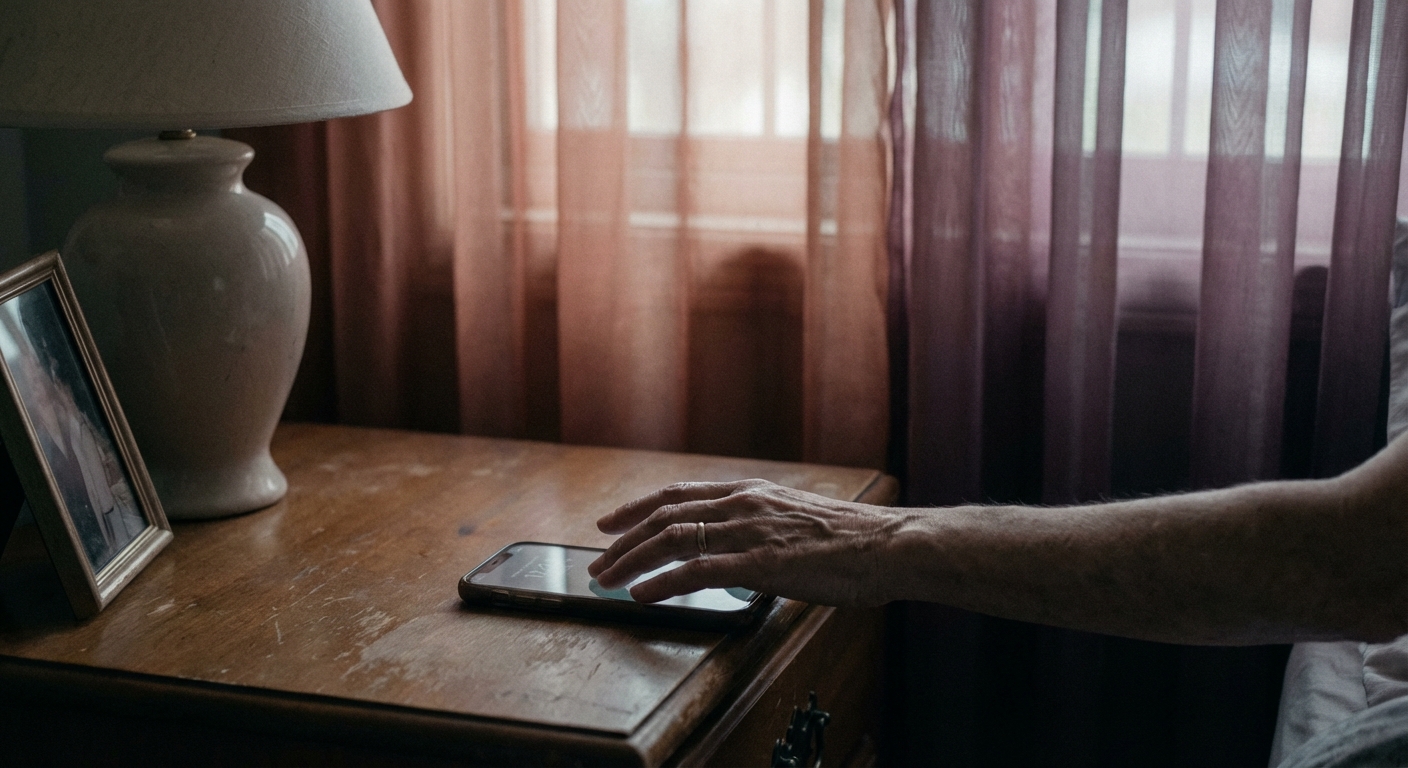 Hand resting on phone in morning light