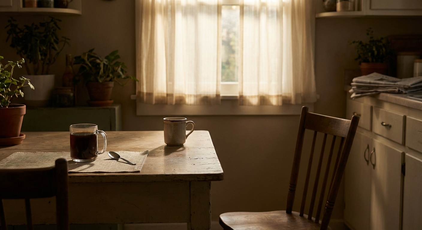 Two coffee cups on a table, one untouched, soft morning light