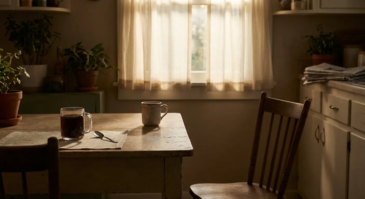 Two coffee cups on a table, one untouched, soft morning light