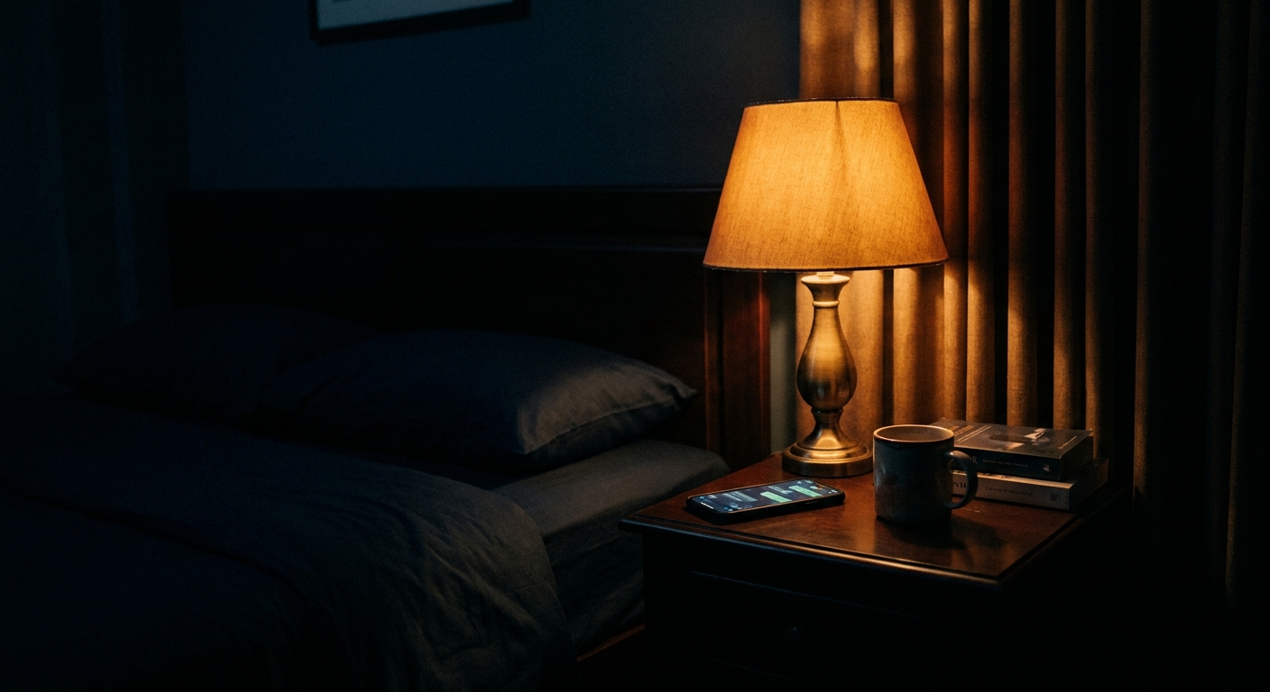 Dim lamp on a nightstand, phone screen glowing softly in a dark bedroom