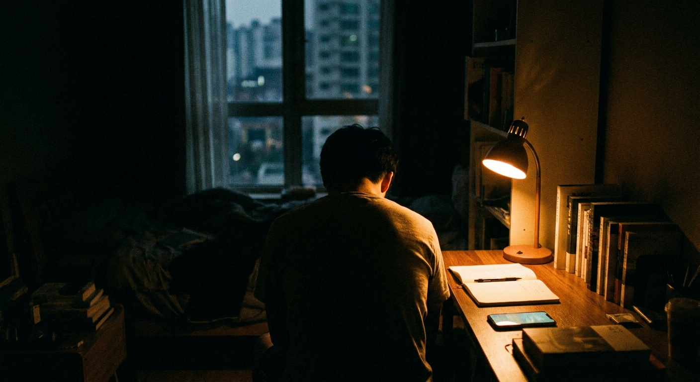 Person alone in a quiet apartment at night, city lights through the window
