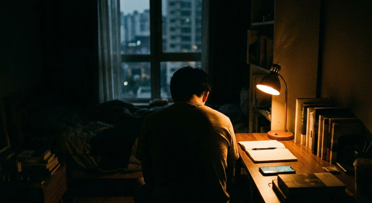 Person alone in a quiet apartment at night, city lights through the window