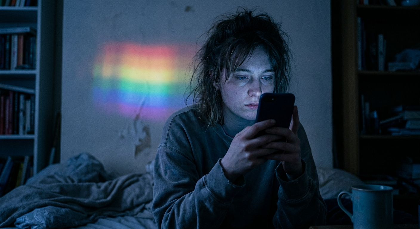 Person in soft blue light, phone held close, quiet late-night moment, searching for connection