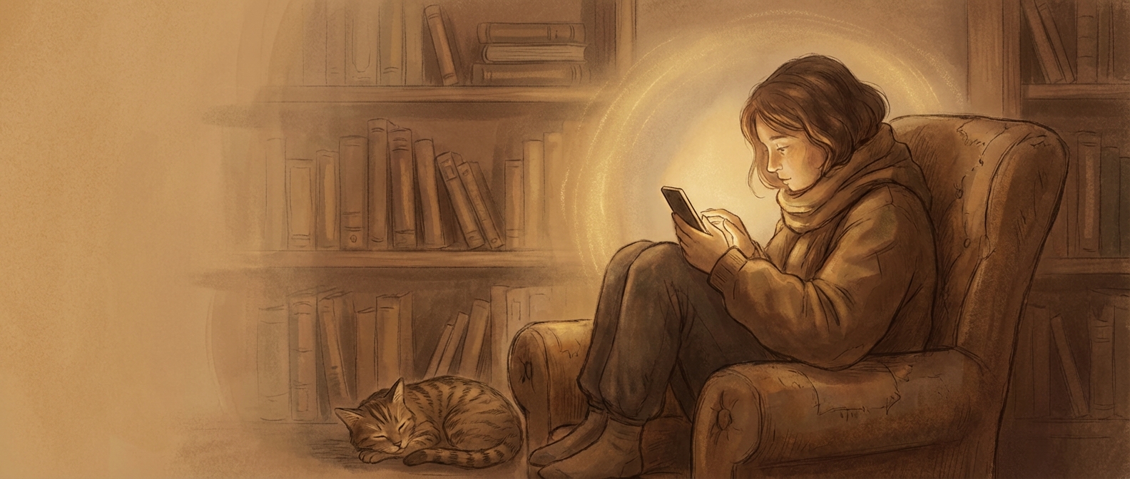 Person sitting alone by window at dusk with phone