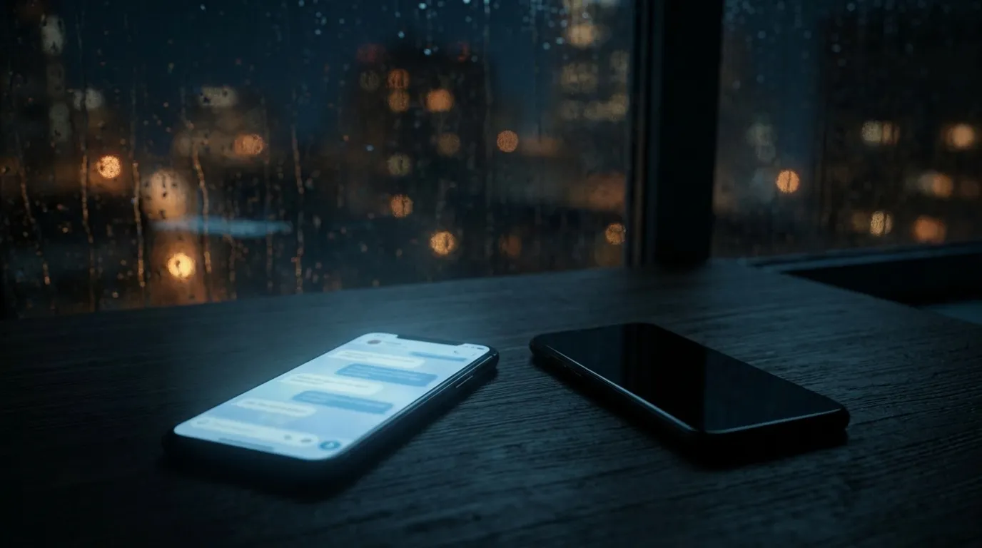 Two smartphones on a dark surface at night, one screen glowing with a text conversation
