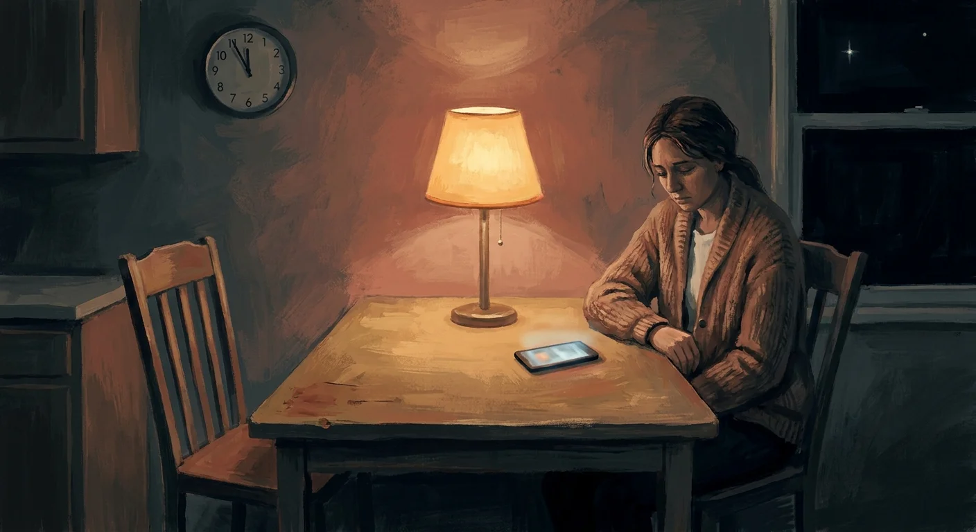 A person sitting alone at a kitchen table late at night, phone in hand, soft light, the quiet of an empty house
