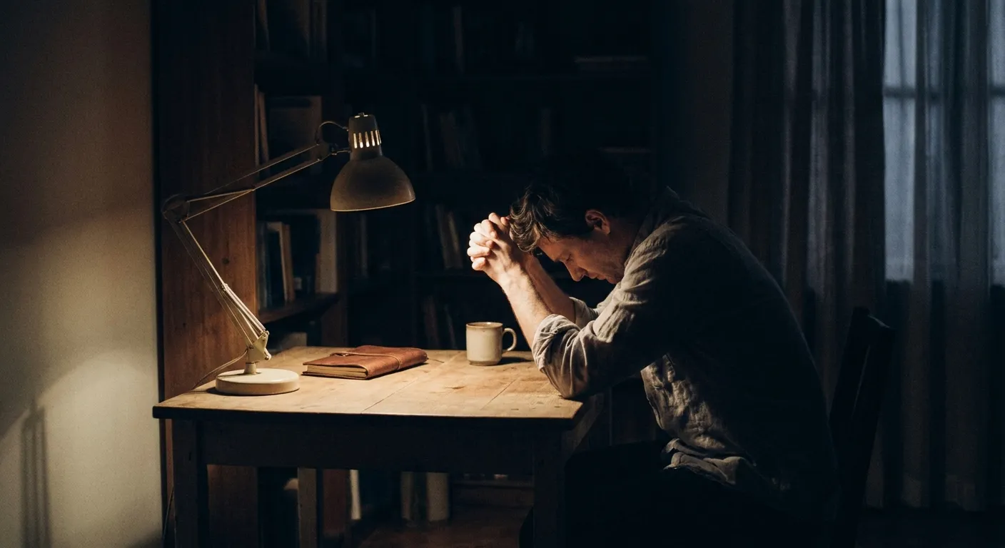 Person at a desk late at night, hands clasped, focused lamp light