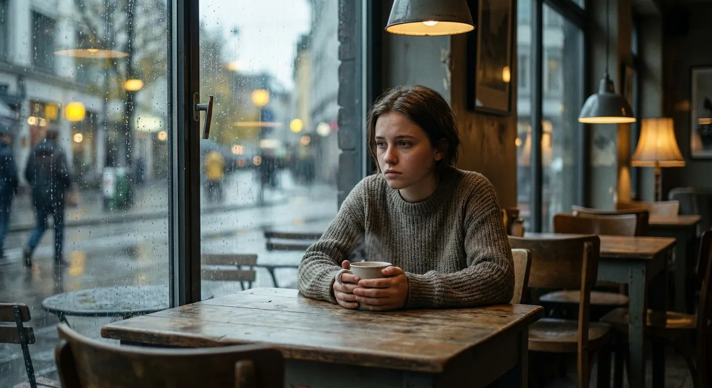 Person at a small table near a window, quiet before a social event