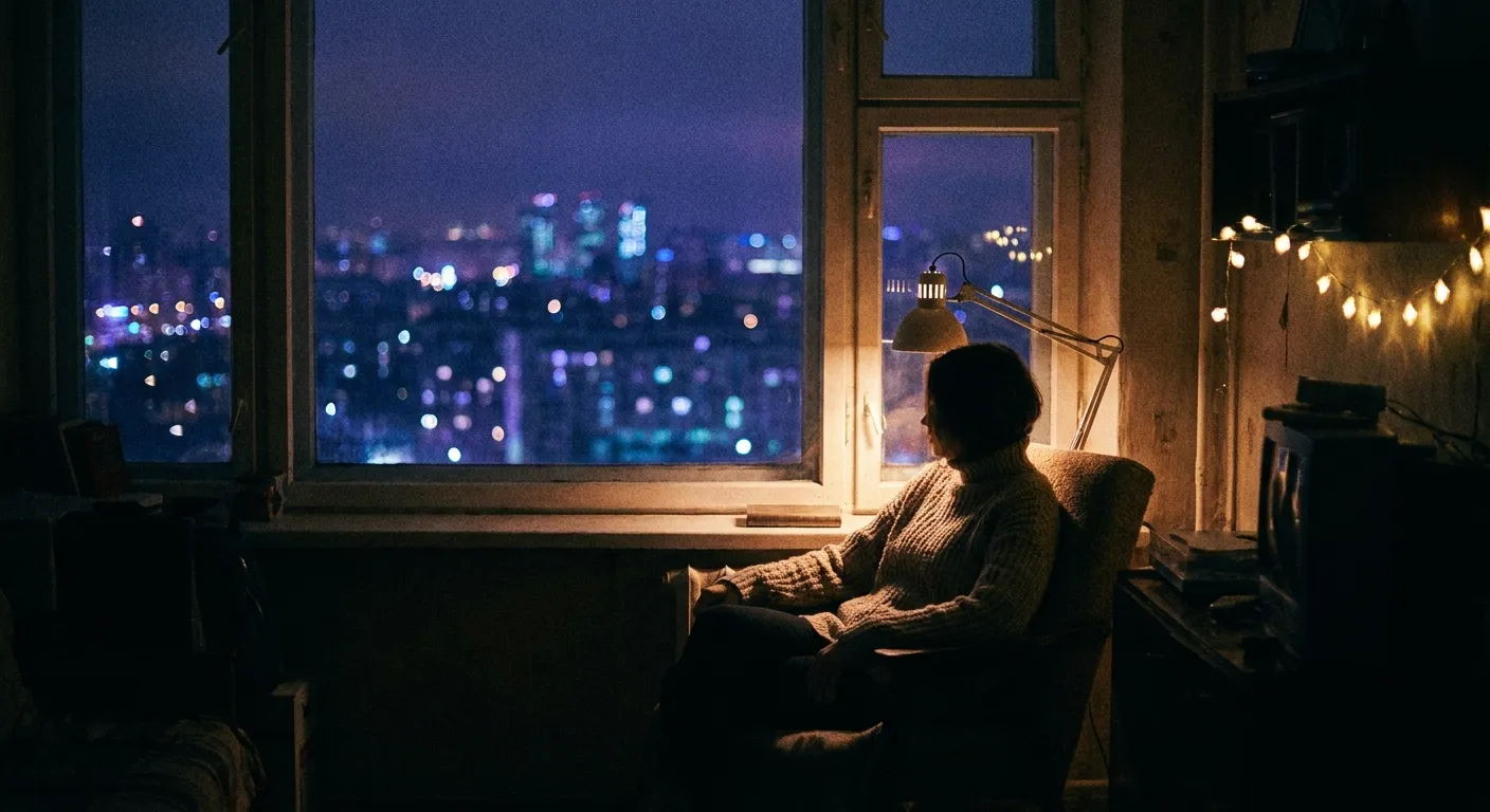 A person at a window at night, city lights distant, the interior lit warmly, solitude chosen and unchosen