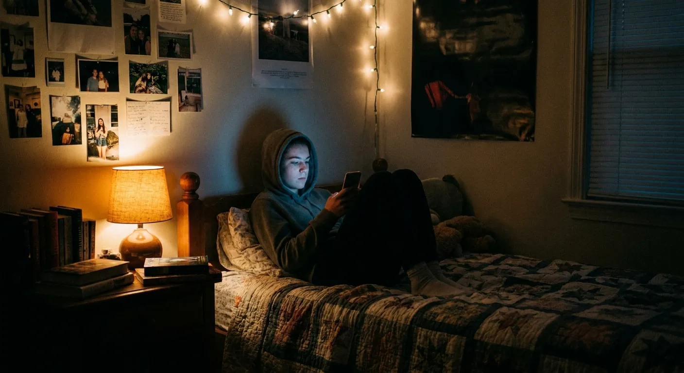 A teenager alone in their bedroom at night, phone light soft on their face, the particular solitude of adolescence in the digital age