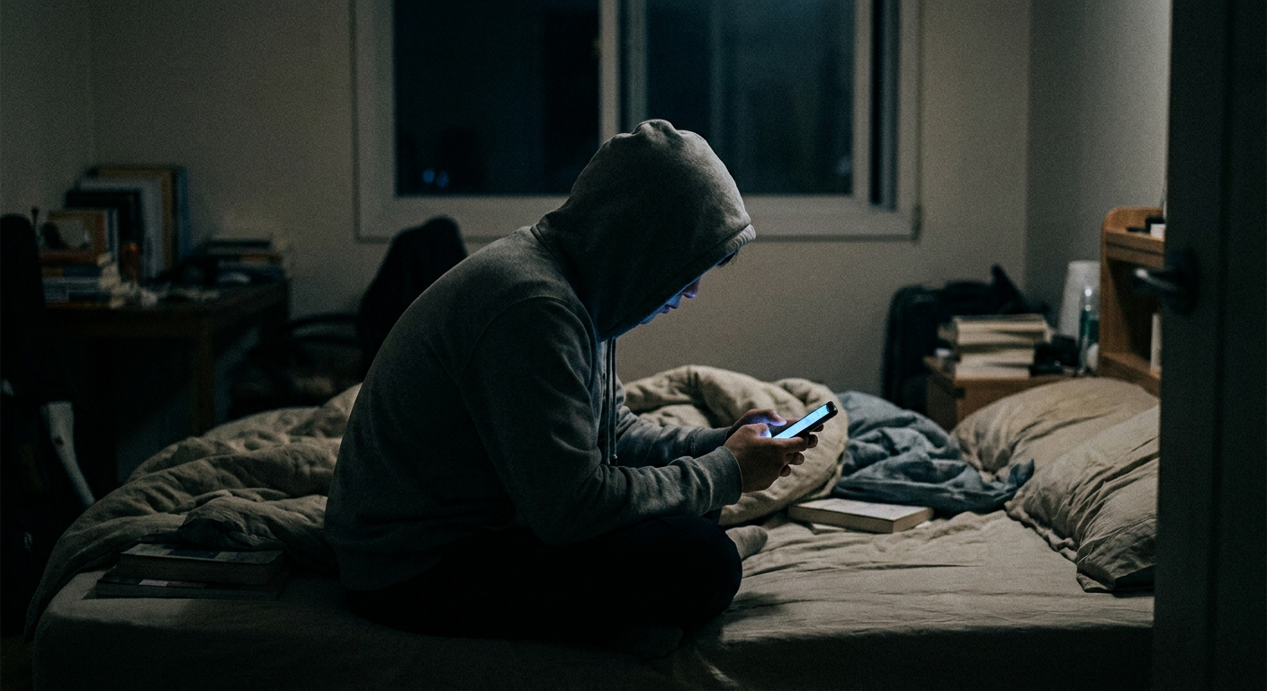 Young person alone in dim room, blue light from phone, late evening, quiet and private