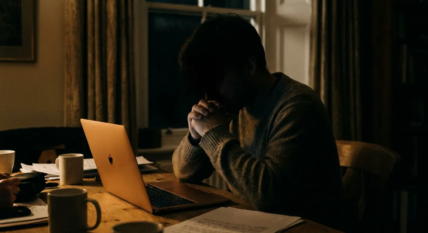 A person alone at night, hands folded, in the quiet of a private moment, the glow of a screen the only light
