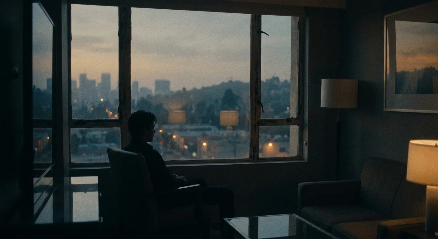 Silhouette of a person sitting alone at a window at dusk, city lights visible outside, quiet and contemplative