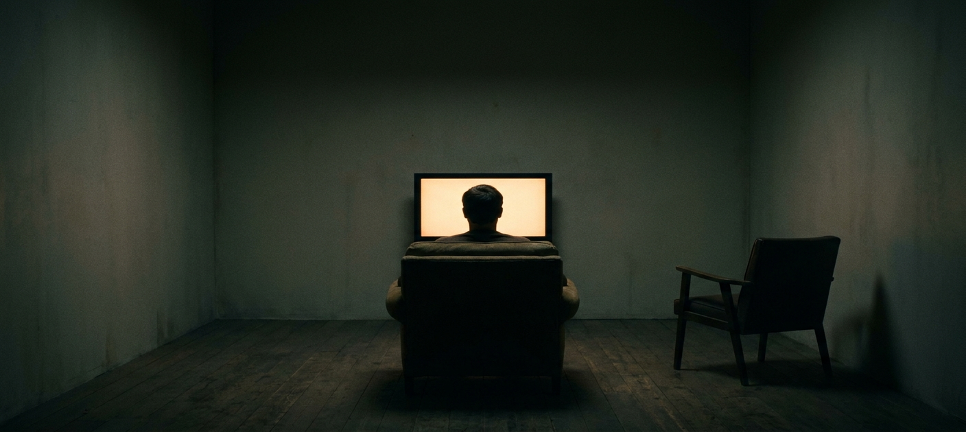 Two chairs in a sparse room, one facing a soft glowing screen, the other empty, late night
