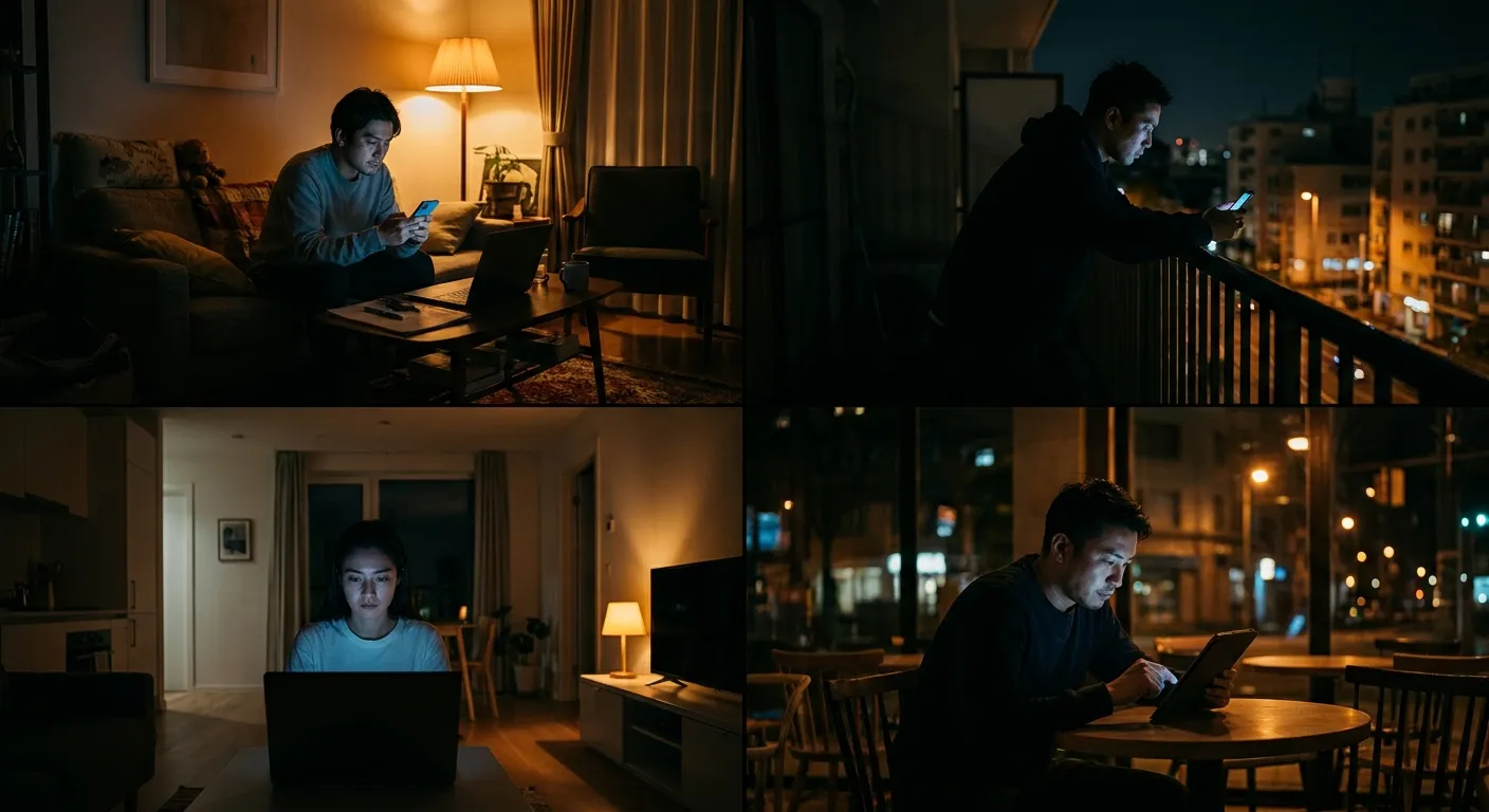 People in separate spaces, each lit by the soft glow of a screen at night, the modern geography of digital intimacy