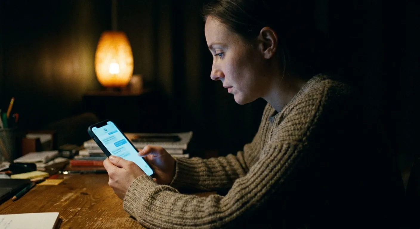 Woman alone at night, face lit by phone screen showing a chat interface, intimate and quietly melancholy atmosphere