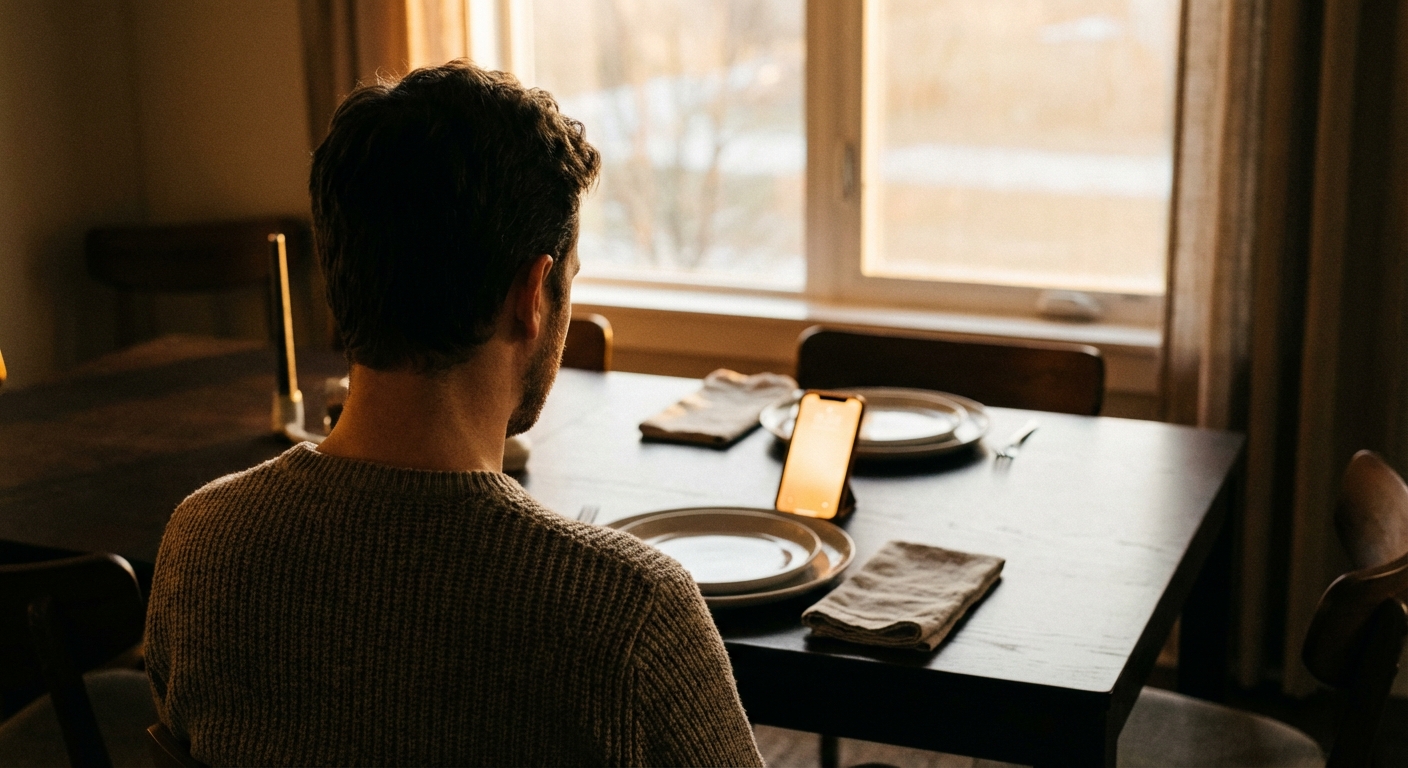 Table set for two with phone across