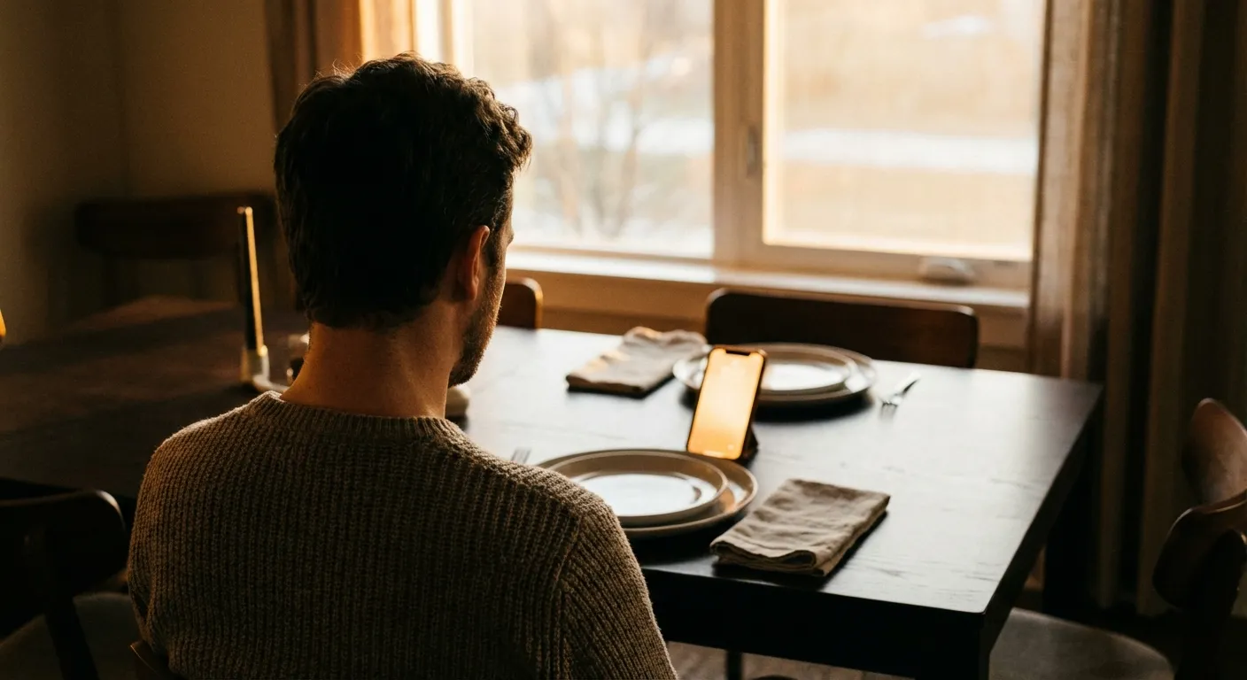 Table set for two with phone across