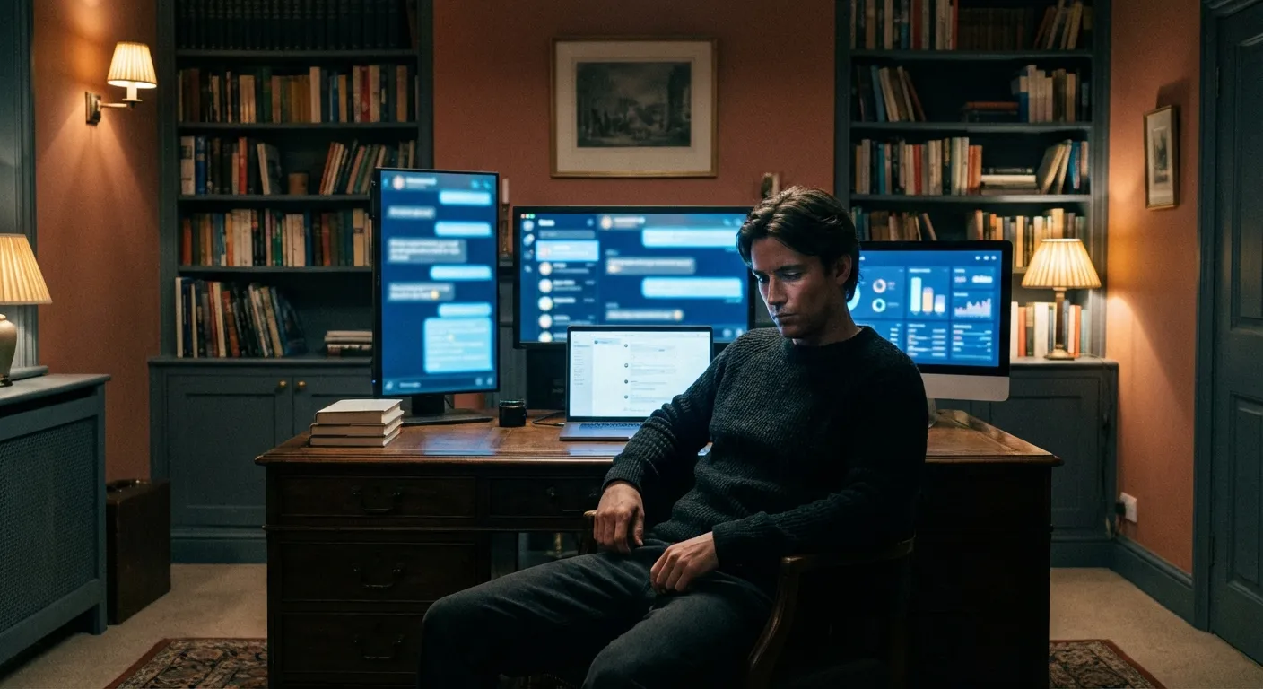 Person at a desk at night, multiple glowing screens, searching and contemplative