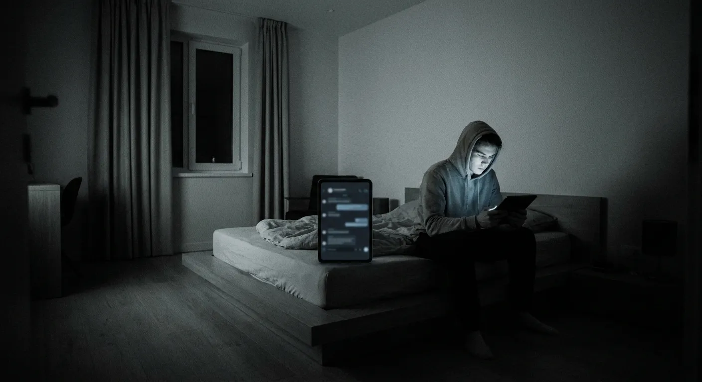 Person alone in a dim room, face lit by the soft glow of a screen showing a chat interface, atmosphere quiet and introspective
