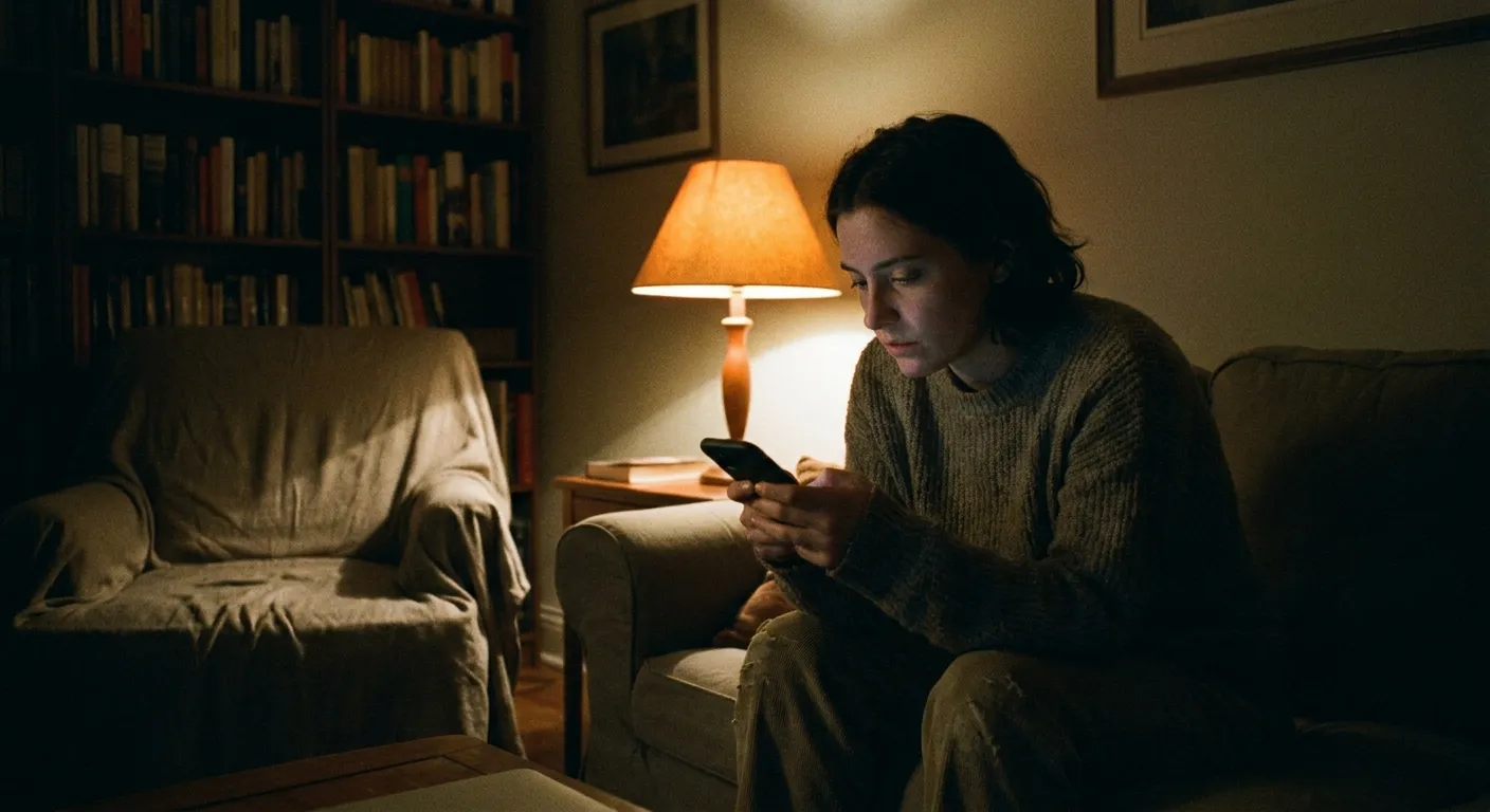 A person sitting alone with a phone in a quiet room, the kind of conversation that happens before sleep, soft warm light