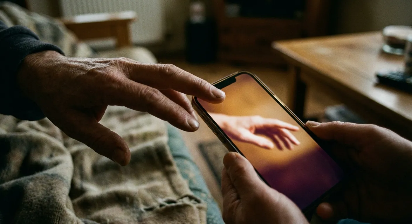 Hands reaching toward phone glow