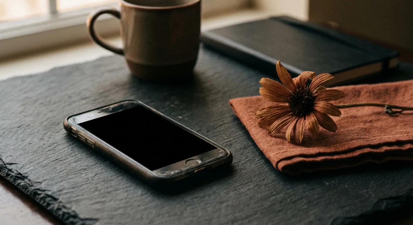 Phone with dark screen and wilting flower